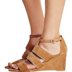 Free People Suede Strappy Wedge Sandals In Brown Size 7.5 Retro Coastal Neutral